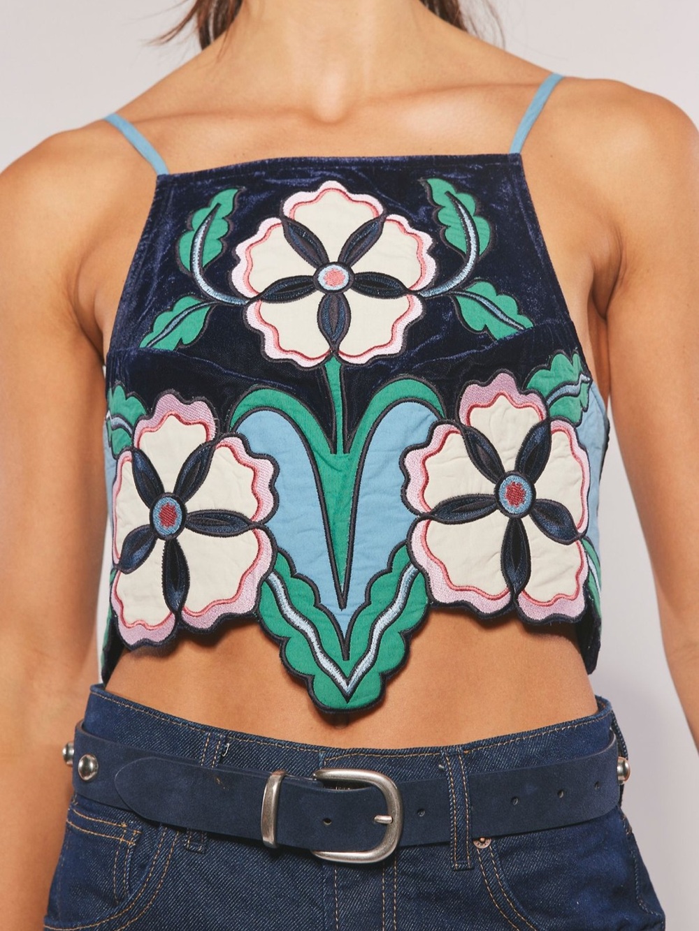 Free People Navy Blue Velvet Floral Appliqué Crop Top